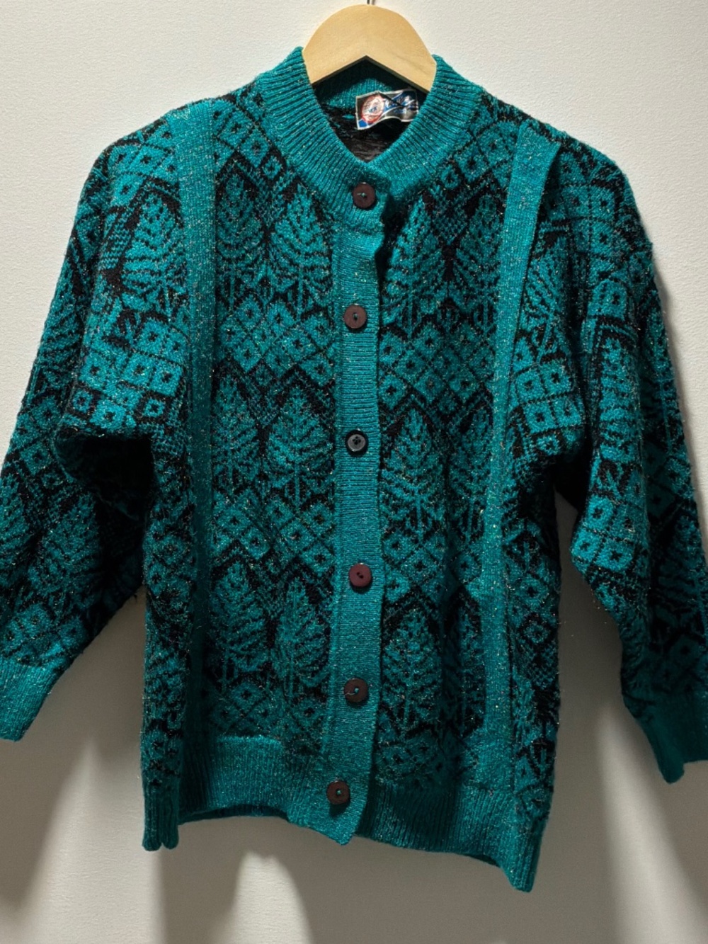 Vintage 80s Wu Kong Teal Green Metallic Geometric Knit Cardigan Sweater Retro